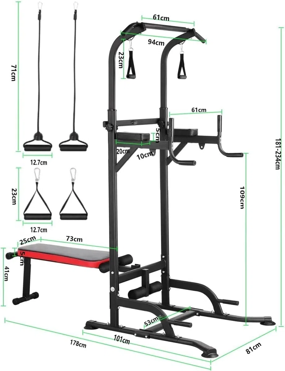 Dip Station Power Tower, Torre de fuerza multifuncional con banco de pesas plegable, barra de dominadas para aparatos de entrenamiento de fuerza para gimnasio en casa, incluye bandas de entrenamiento,
