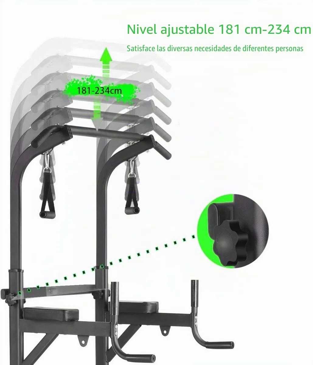 Dip Station Power Tower, Torre de fuerza multifuncional con banco de pesas plegable, barra de dominadas para aparatos de entrenamiento de fuerza para gimnasio en casa, incluye bandas de entrenamiento,