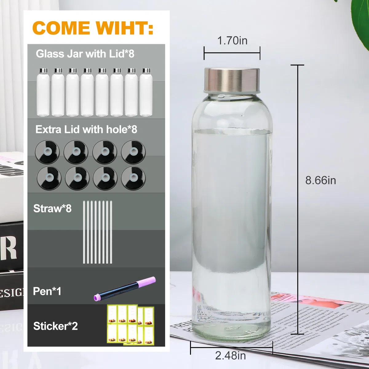 Botellas de vidrio de 16 onzas, botellas de jugo de vidrio reutilizables con tapas y popotes, juego de 8, recipientes exprimidores de agua de vidrio transparente con dos tipos de tapa para
