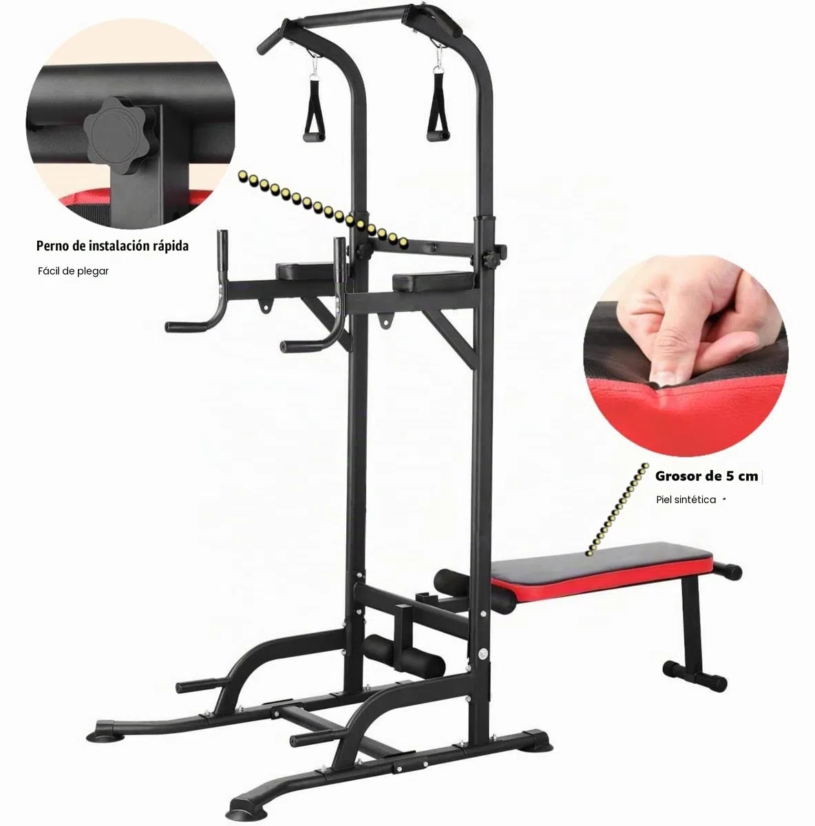 Dip Station Power Tower, Torre de fuerza multifuncional con banco de pesas plegable, barra de dominadas para aparatos de entrenamiento de fuerza para gimnasio en casa, incluye bandas de entrenamiento,