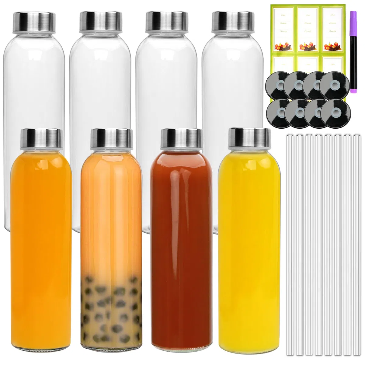Botellas de vidrio de 16 onzas, botellas de jugo de vidrio reutilizables con tapas y popotes, juego de 8, recipientes exprimidores de agua de vidrio transparente con dos tipos de tapa para