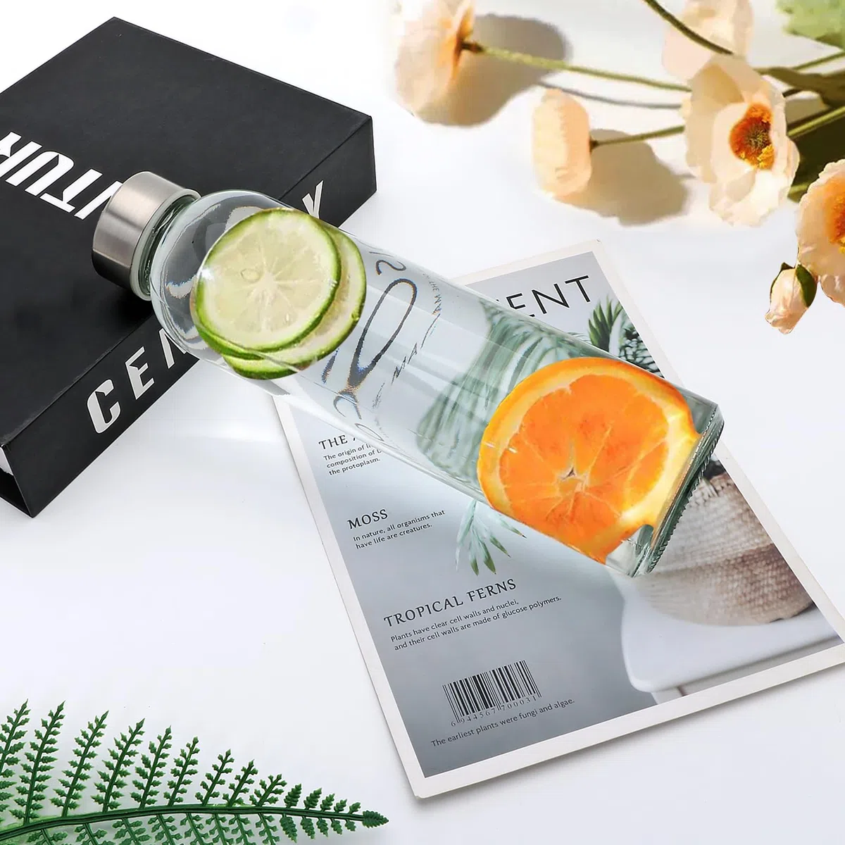 Botellas de vidrio de 16 onzas, botellas de jugo de vidrio reutilizables con tapas y popotes, juego de 8, recipientes exprimidores de agua de vidrio transparente con dos tipos de tapa para