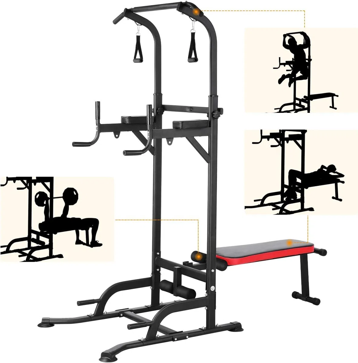 Dip Station Power Tower, Torre de fuerza multifuncional con banco de pesas plegable, barra de dominadas para aparatos de entrenamiento de fuerza para gimnasio en casa, incluye bandas de entrenamiento,