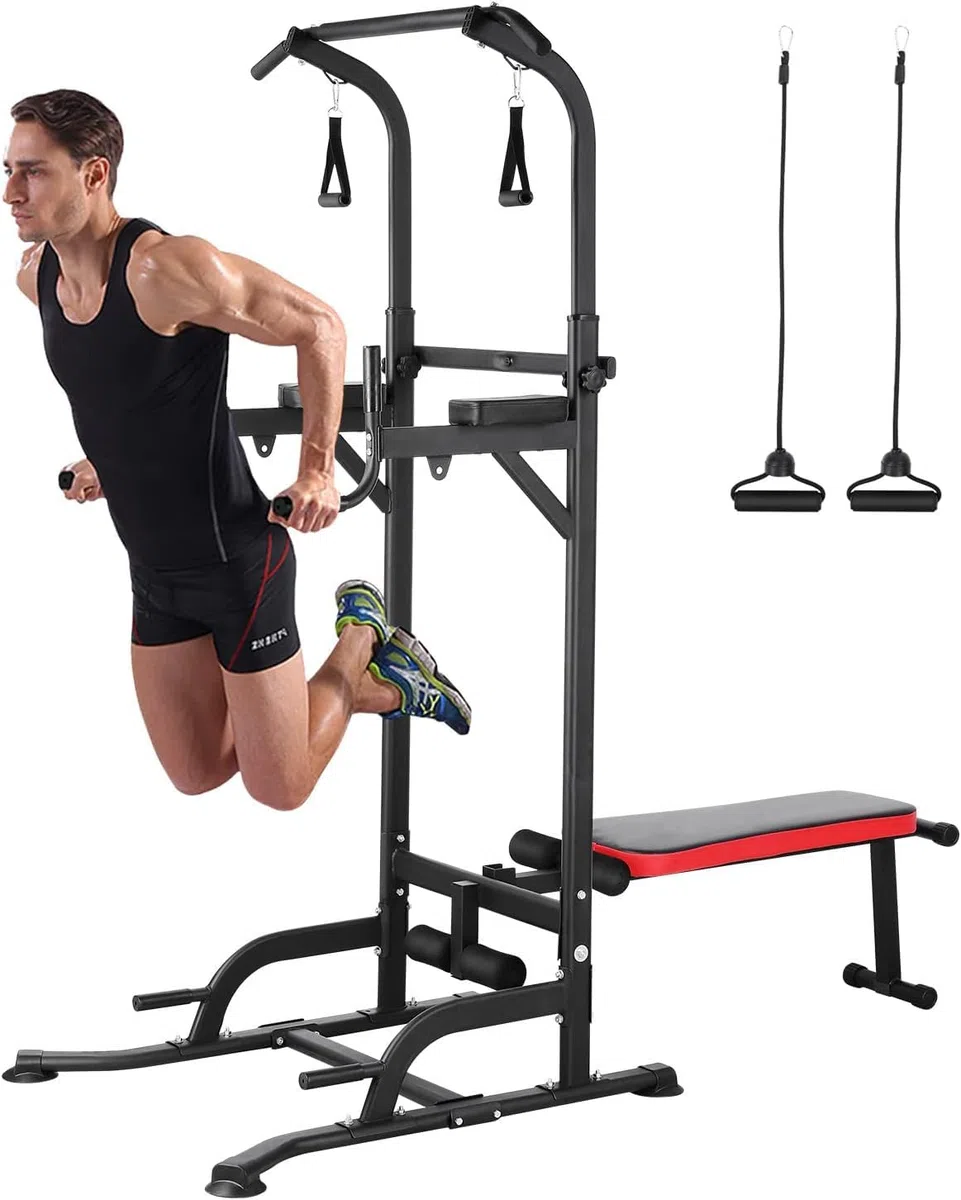 Dip Station Power Tower, Torre de fuerza multifuncional con banco de pesas plegable, barra de dominadas para aparatos de entrenamiento de fuerza para gimnasio en casa, incluye bandas de entrenamiento,