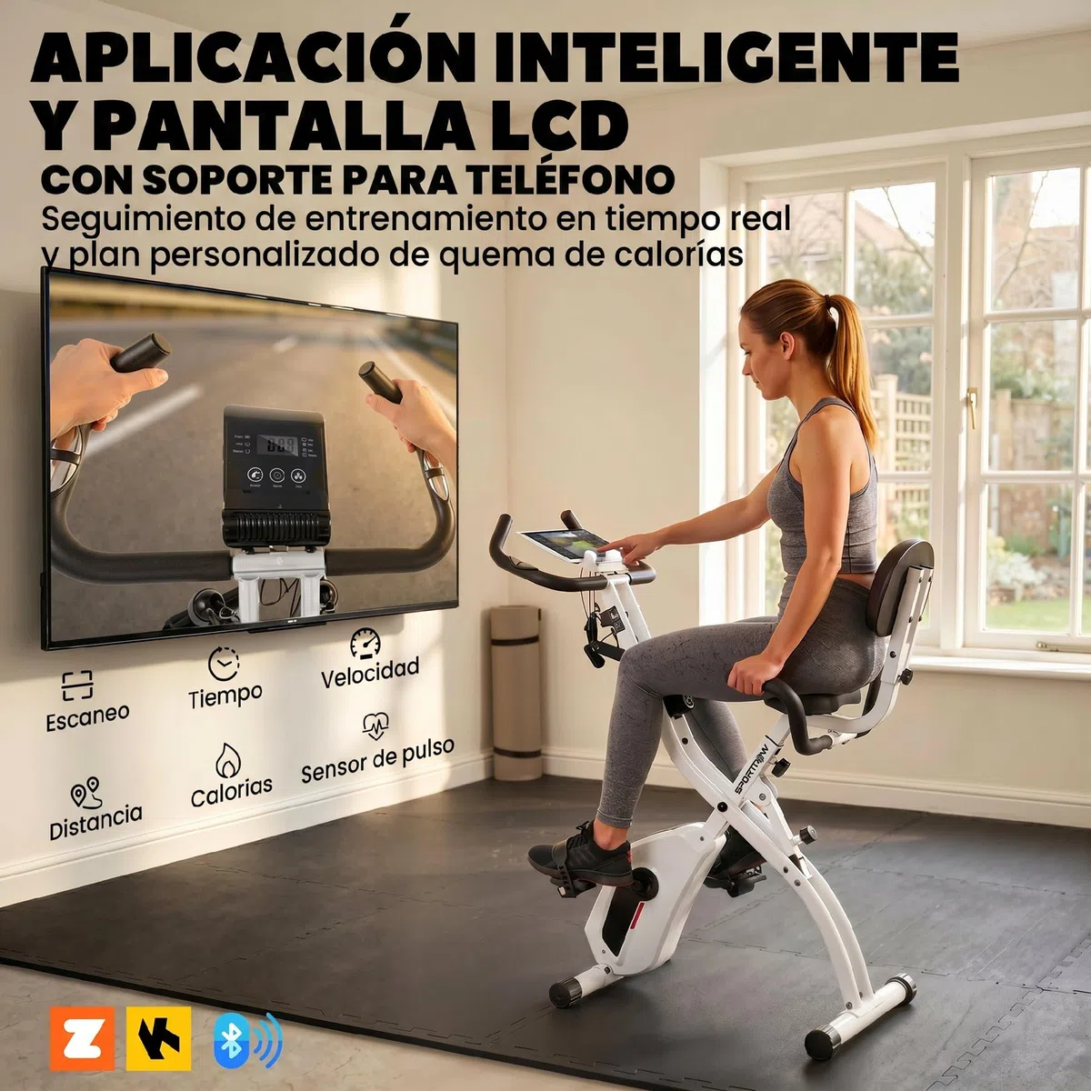 SPORTNOW Bicicleta Estática Plegable Casa 4 en 1 con APP Bluetooth