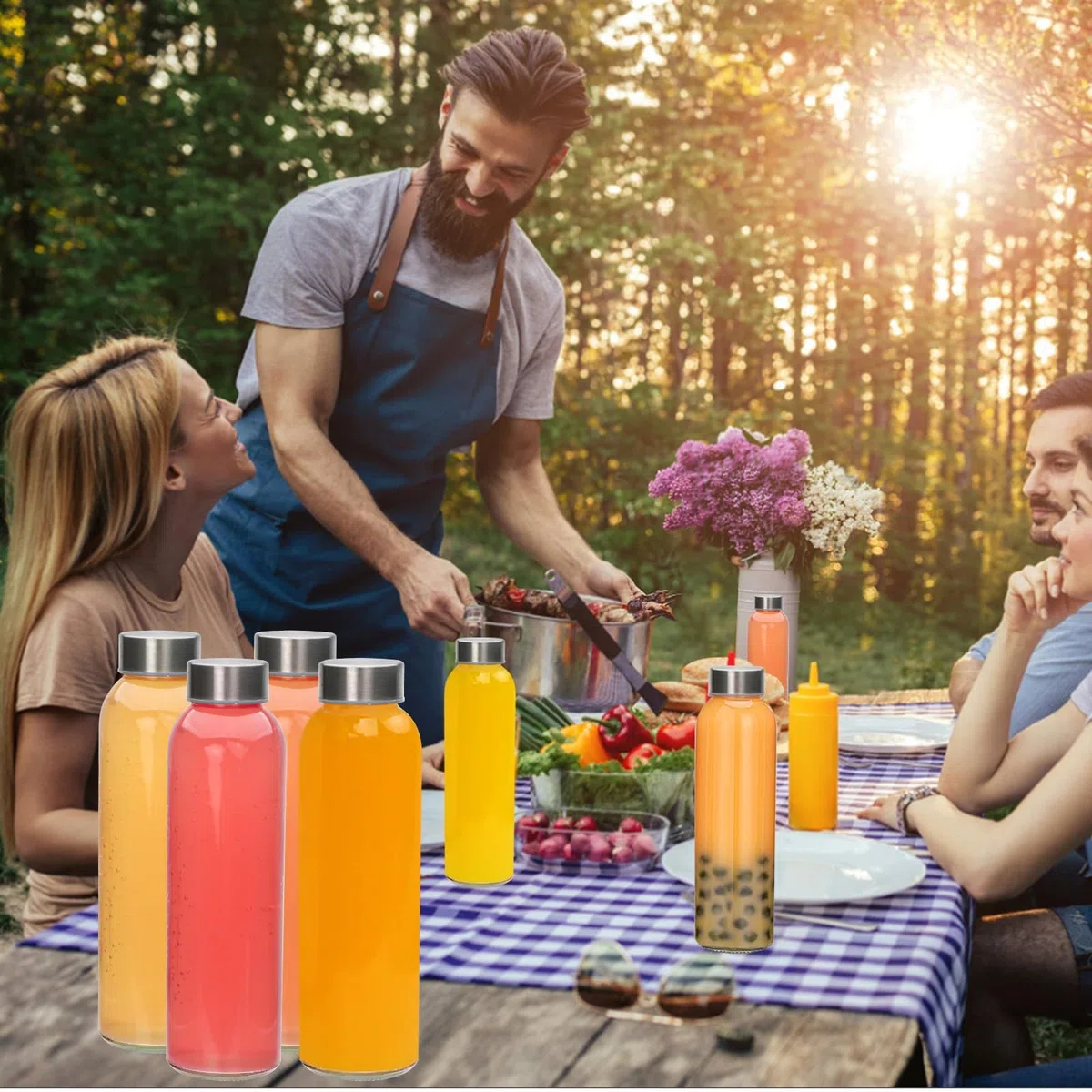 Botellas de vidrio de 16 onzas, botellas de jugo de vidrio reutilizables con tapas y popotes, juego de 8, recipientes exprimidores de agua de vidrio transparente con dos tipos de tapa para
